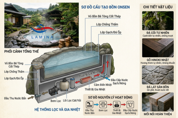 Hình ảnh để có thể hiểu hơn về việc thi công bồn tắm onsen